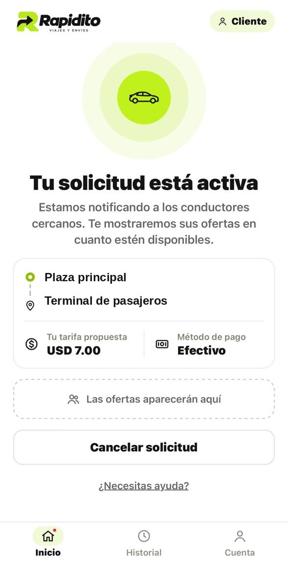 Pantalla de Rapidito con una solicitud activa: recogida, destino, tarifa propuesta y método de pago, esperando ofertas de conductores.